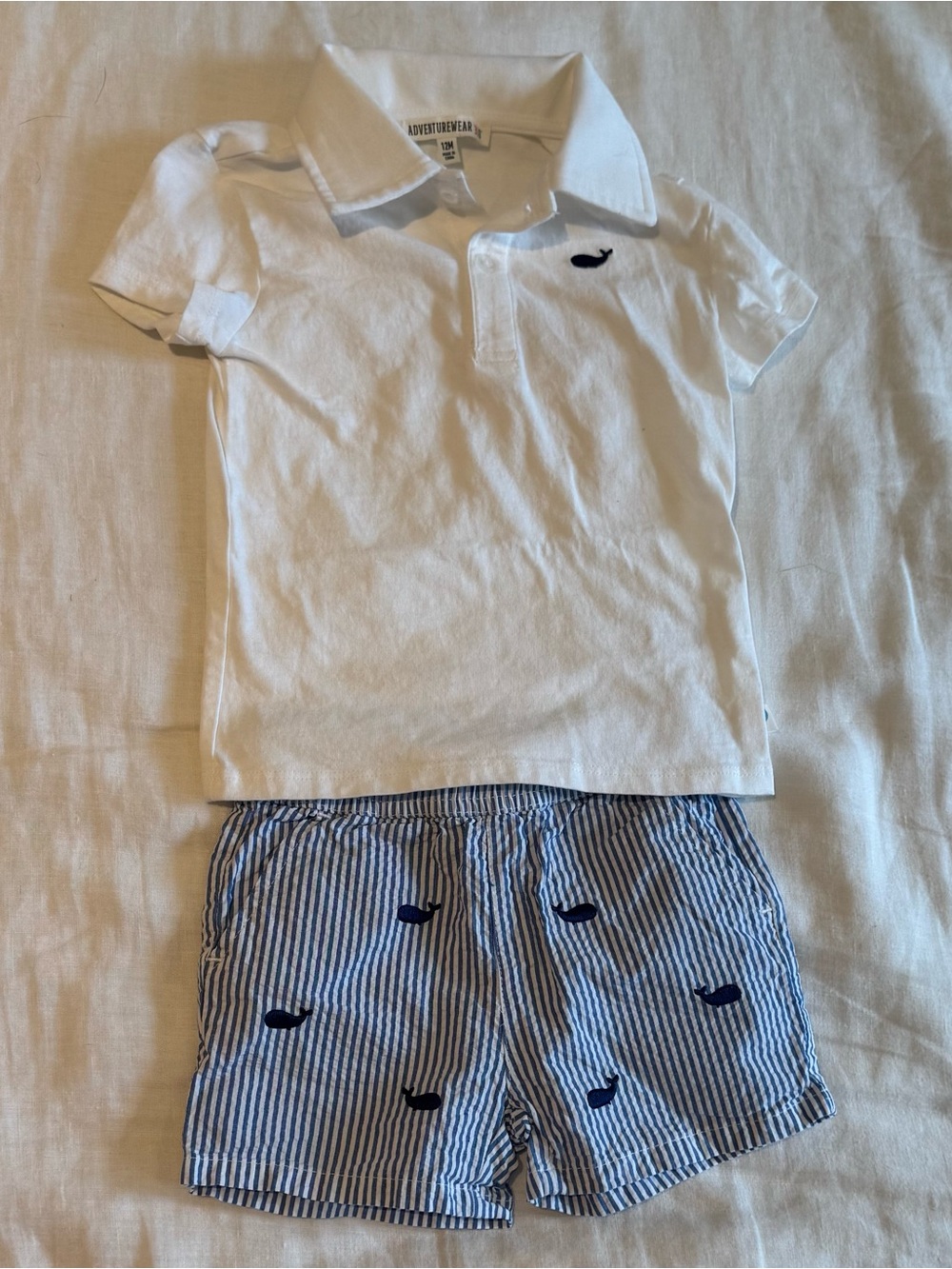Like New 100% Cotton White Polo Top & Blue Striped Whale Shorts Set